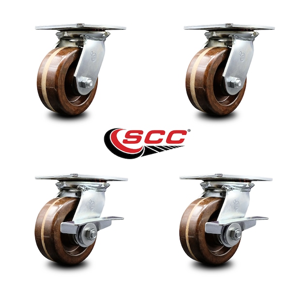 5 Inch High Temp Phenolic Swivel Caster Set With Roller Bearings 2 Brakes SCC